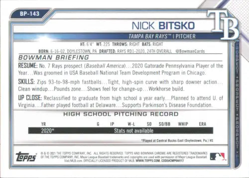 2021 Bowman Prospects #BP143 Nick Bitsko Tampa Bay Rays Baseball Card MLB NM-MT