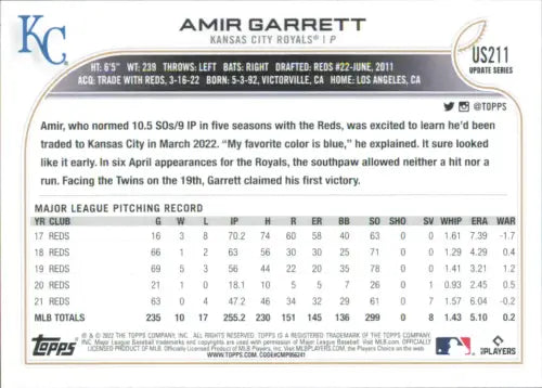 2022 Topps Update #US211 Amir Garrett Kansas City Royals Baseball Card MLB NM-MT