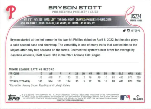 2022 Topps Update #US224 Bryson Stott Rookie Philadelphia Phillies Card NM-MT