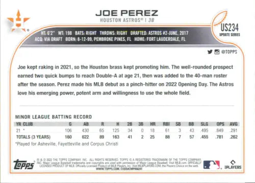 2022 Topps Update #US234 Joe Perez Rookie Houston Astros Baseball Card MLB NM-MT