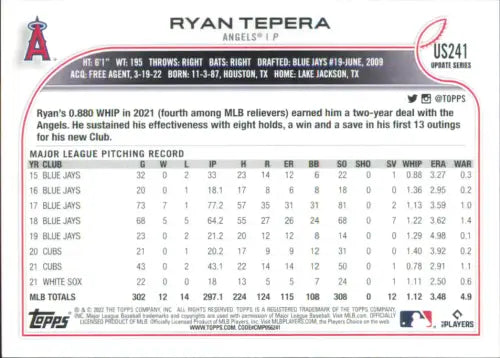 2022 Topps Update #US241 Ryan Tepera Los Angeles Angels Baseball Card MLB NM-MT