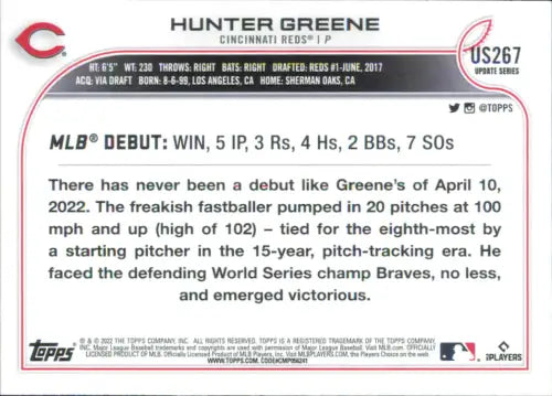 2022 Topps Update #US267 Hunter Greene Rookie Cincinnati Reds Baseball MLB NM-MT