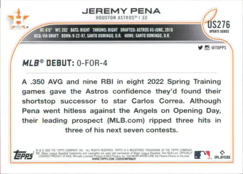 2022 Topps Update #US276 Jeremy Pena Rookie Houston Astros Baseball Card NM-MT