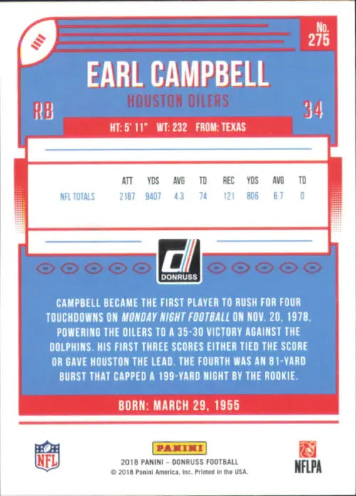 2018 Donruss #275 Earl Campbell Houston Oilers Football Card NFL Sports NM-MT