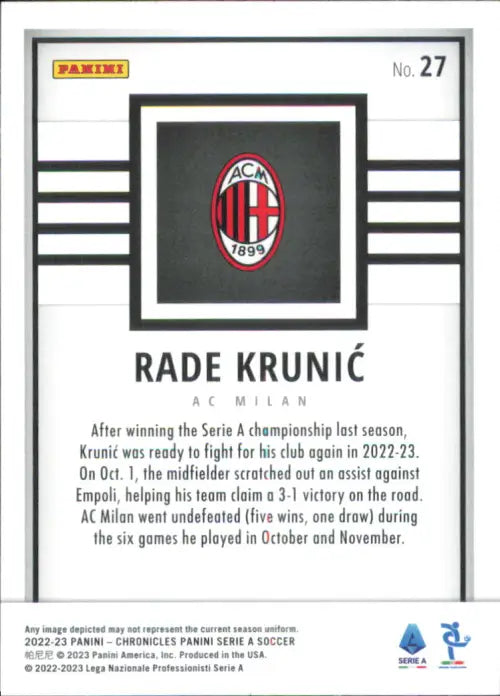 2022-23 Panini Chronicles Serie A #27 Rade Krunic Panini Rookie AC Milan NM-MT