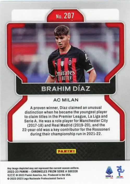 2022-23 Panini Chronicles Serie A #207 Brahim Diaz Prizm AC Milan Soccer NM-MT