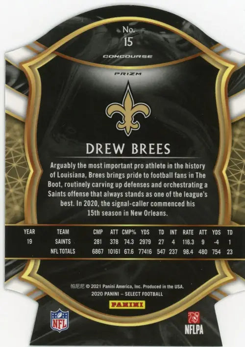 Back of 2020 Select Prizm Neon Green Die Cut Drew Brees card with Saints logo and stats