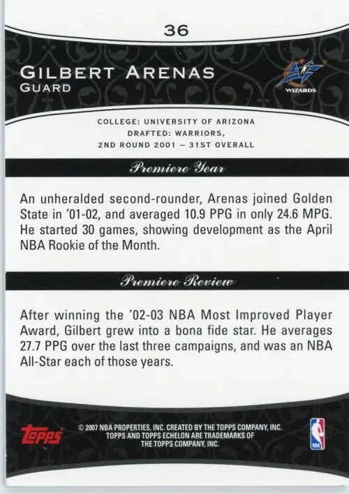 2007-08 Topps Echelon #36 Gilbert Arenas /999 Washington Wizards Basketball NM