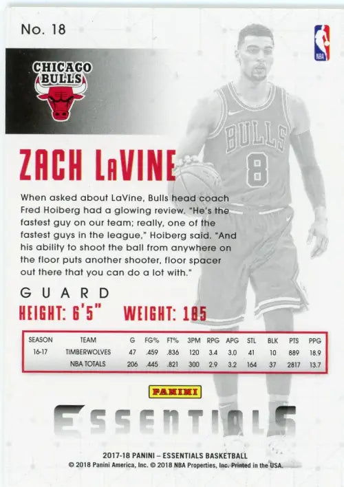 2017-18 Panini Essentials Green #18 Zach LaVine Chicago Bulls Basketball Card NM