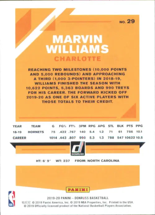 2019-20 Donruss Holo Orange Laser #29 Marvin Williams Charlotte Hornets NM-MT