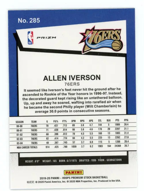 2019-20 Hoops Premium Stock Blue Cracked Ice #285 Allen Iverson 76ers Card NM-MT