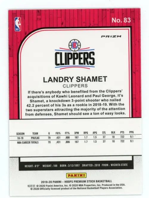 2019-20 Hoops Premium Stock Silver #83 Landry Shamet Los Angeles Clippers NM-MT