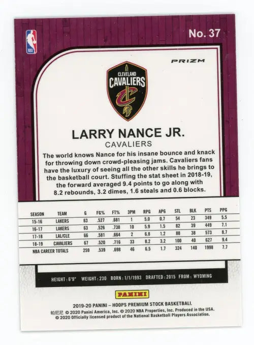 2019-20 Hoops Premium Stock Silver Laser #37 Larry Nance Jr Cavaliers Card NM-MT