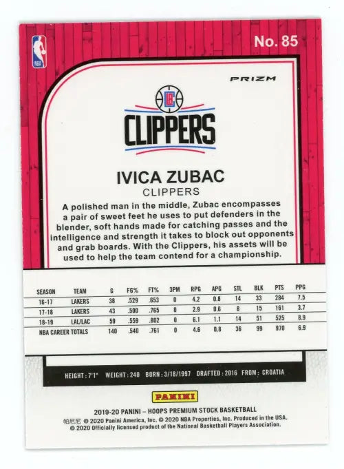 2019-20 Hoops Premium Stock Purple Disco #85 Ivica Zubac LA Clippers Card NM-MT