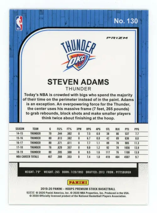 2019-20 Hoops Premium Stock Purple Disco #130 Steven Adams OKC Thunder NBA NM-MT