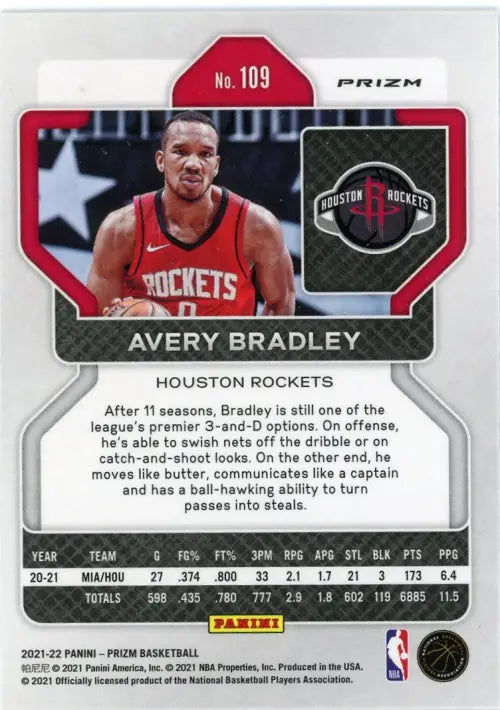 2021-22 Panini Prizm Silver #109 Avery Bradley Houston Rockets Card NBA NM-MT