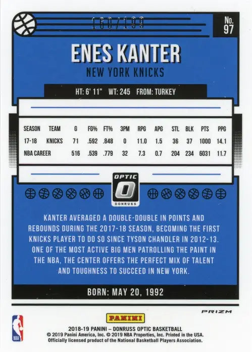 2018-19 Donruss Optic Orange #97 Enes Kanter /199 New York Knicks Card NBA NM-MT