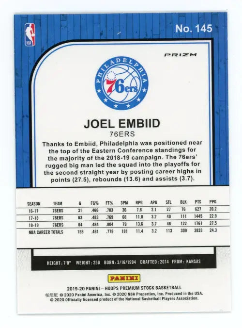 2019-20 Hoops Premium Stock Silver #145 Joel Embiid Philadelphia 76ers NBA NM-MT