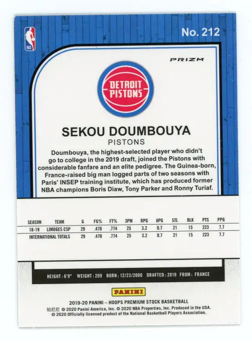 2019-20 Hoops Premium Stock Silver #212 Sekou Doumbouya Rookie Pistons NBA NM-MT