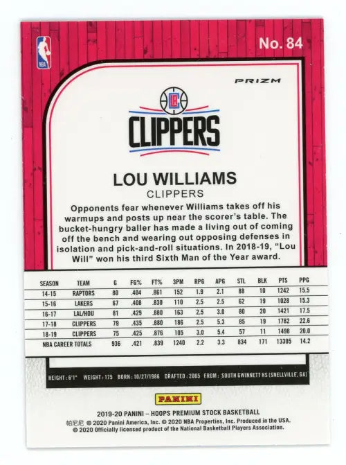 2019-20 Hoops Premium Stock Blue Cracked Ice #84 Lou Williams LA Clippers NM-MT