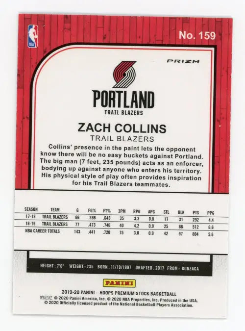 2019-20 Hoops Premium Stock Silver Laser #159 Zach Collins Trail Blazers NM-MT