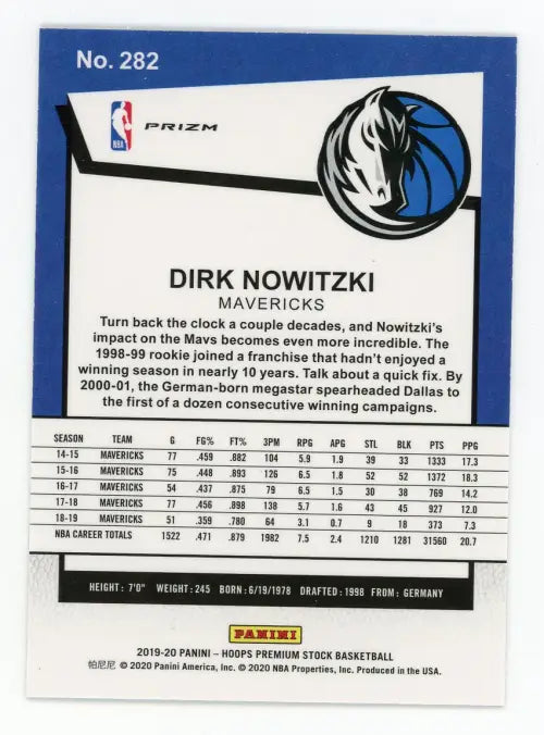 2019-20 Hoops Premium Stock Silver Laser #282 Dirk Nowitzki Mavericks Card NM-MT