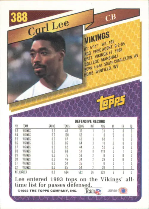 1993 Topps #388 Carl Lee Minnesota Vikings Football Card Sports NM-MT