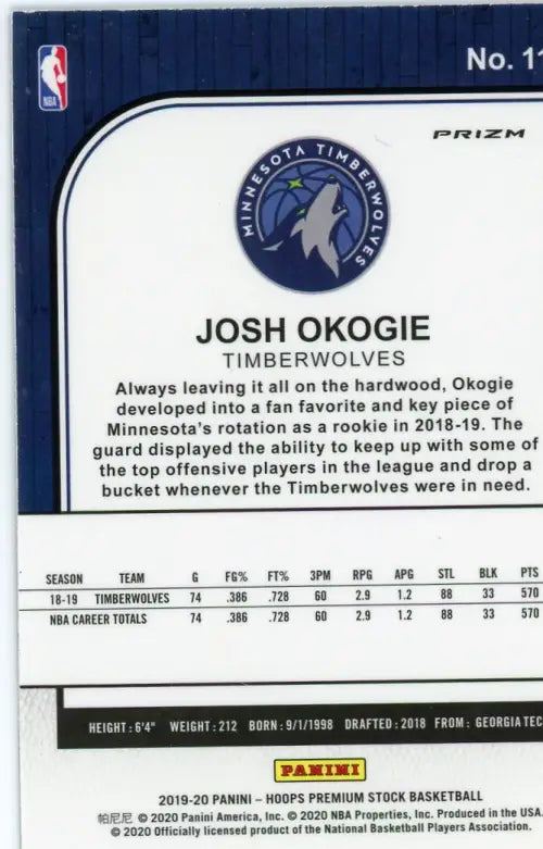 2019-20 Hoops Premium Stock Blue Cracked Ice #113 Josh Okogie Timberwolves NM-MT