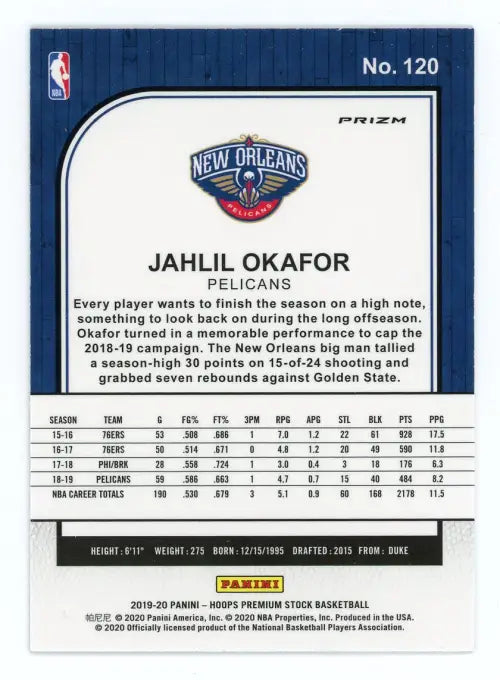 2019-20 Hoops Premium Stock Purple Disco #120 Jahlil Okafor NO Pelicans NM-MT