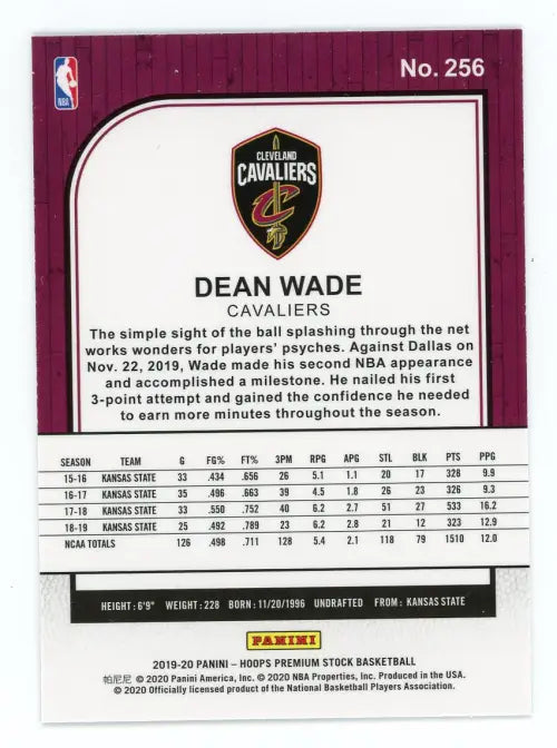 2019-20 Hoops Premium Stock #256 Dean Wade Rookie Cleveland Cavaliers Card NM-MT