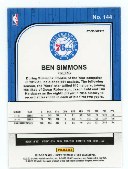 2019-20 Hoops Premium Stock Silver #144 Ben Simmons Philadelphia 76ers NBA NM-MT