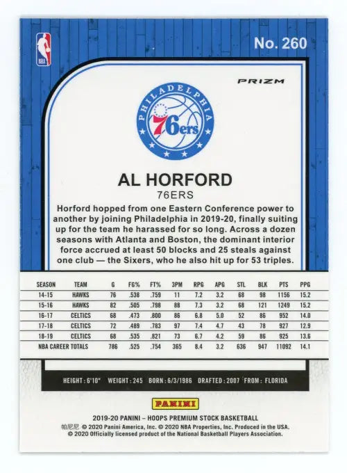 2019-20 Hoops Premium Stock Silver #260 Al Horford Philadelphia 76ers Card NM-MT