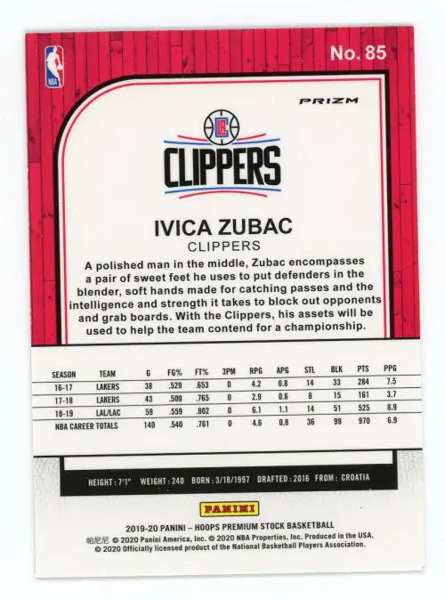 2019-20 Hoops Premium Stock Green #85 Ivica Zubac Los Angeles Clippers NBA NM-MT