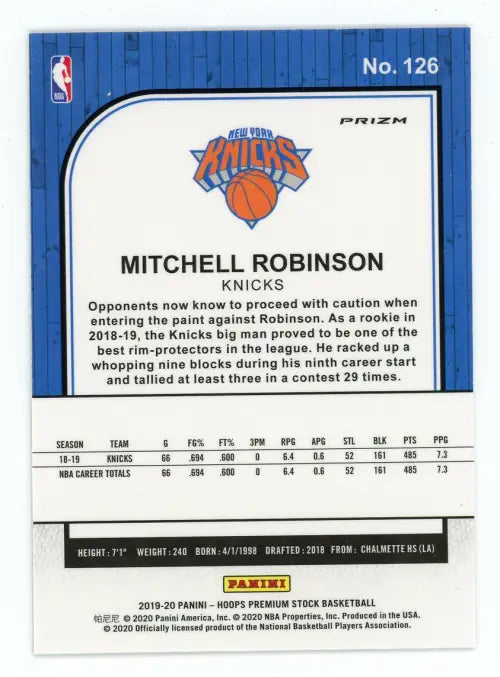 2019-20 Hoops Premium Stock Silver Laser #126 Mitchell Robinson NY Knicks NM-MT