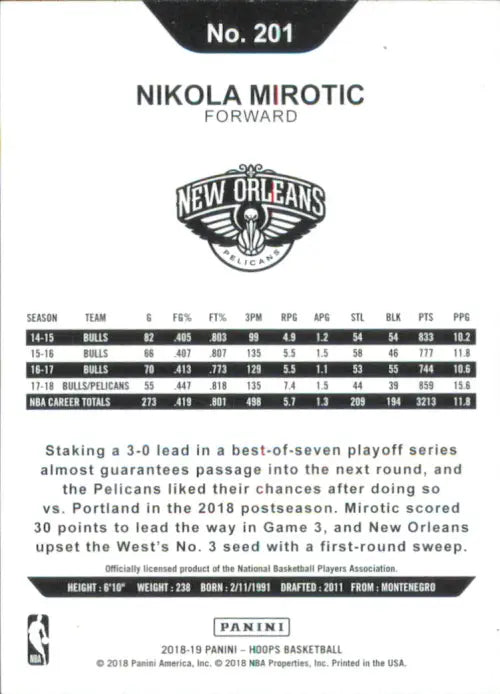 2018-19 Hoops Blue #201 Nikola Mirotic New Orleans Pelicans Basketball NBA NM-MT