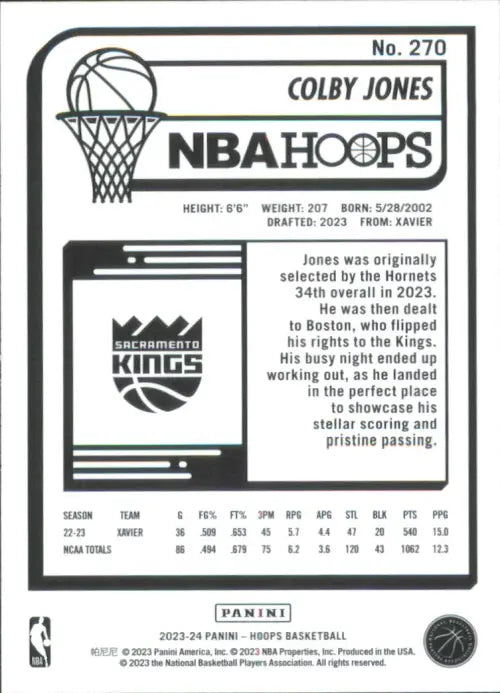 2023-24 Hoops Winter #270 Colby Jones Rookie Sacramento Kings Basketball NM-MT