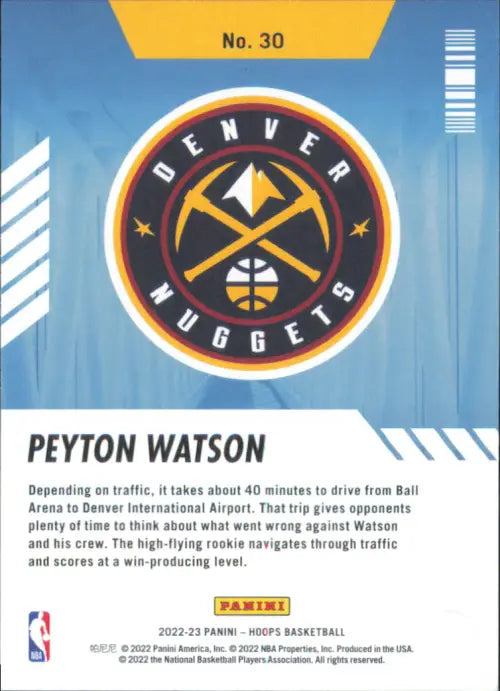 2022-23 Hoops Arriving Now #30 Peyton Watson Denver Nuggets Basketball NBA NM-MT