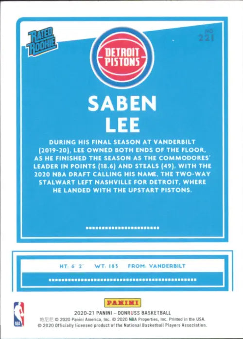 2020-21 Donruss #221 Saben Lee Rookie Detroit Pistons Basketball Card NBA NM-MT