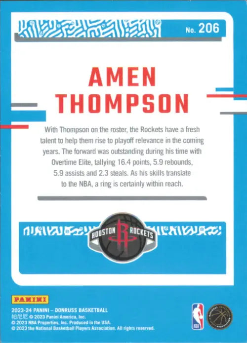 2023-24 Donruss #206 Amen Thompson Rookie Houston Rockets Basketball Card NM-MT