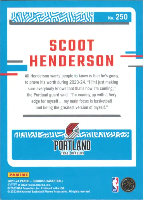 2023-24 Donruss #250 Scoot Henderson Rookie Portland Trail Blazers Card NM-MT