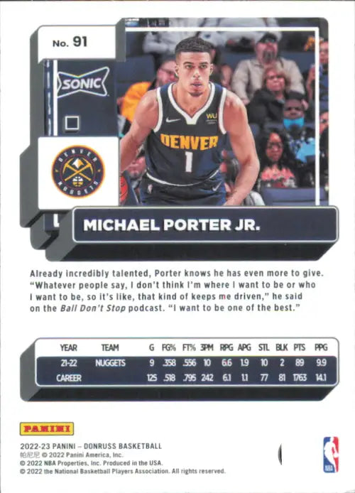 2022-23 Donruss Holo Red and Gold Laser #91 Michael Porter Jr Nuggets Card NM-MT