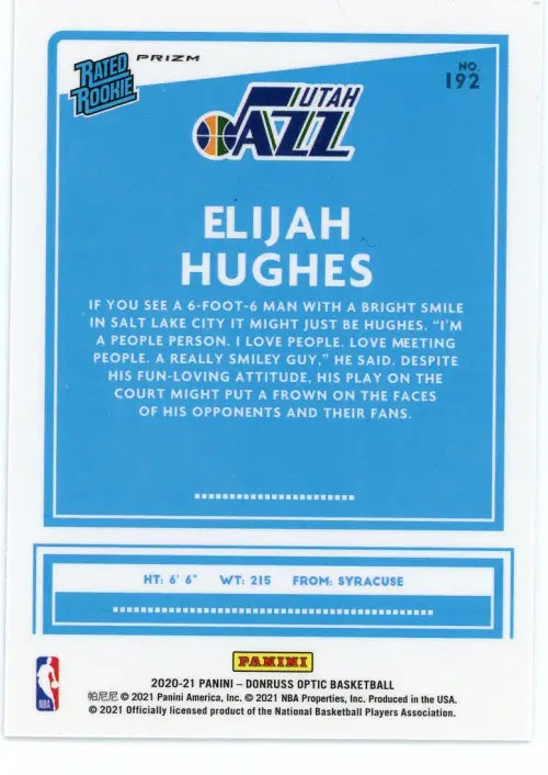 2020-21 Donruss Optic Holo #192 Elijah Hughes Rookie Utah Jazz Basketball NM-MT