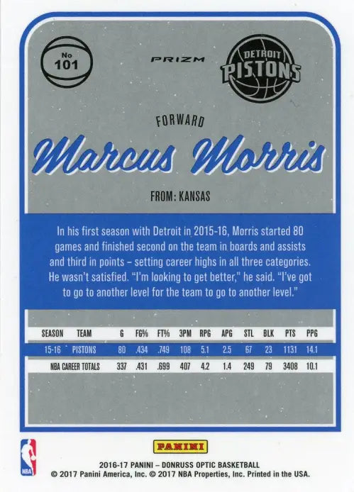 2016-17 Donruss Optic Purple #101 Marcus Morris Detroit Pistons Basketball NM-MT