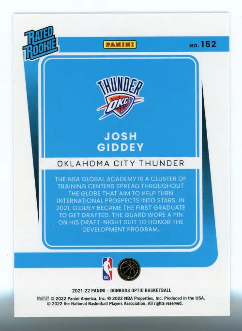 2021-22 Donruss Optic #152 Josh Giddey Rookie Oklahoma City Thunder Card NM-MT