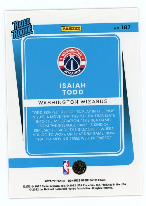 2021-22 Donruss Optic #187 Isaiah Todd Rookie Washington Wizards Card NBA NM-MT