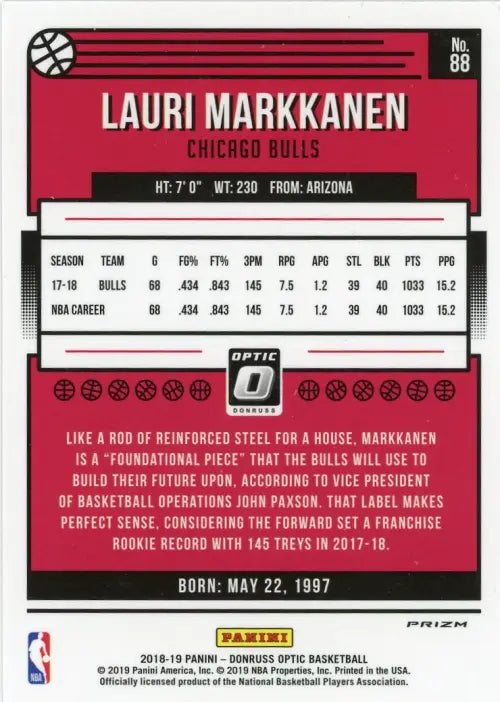 2018-19 Donruss Optic Purple #88 Lauri Markkanen Chicago Bulls Basketball NM-MT