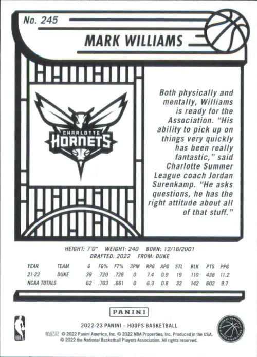 2022-23 Hoops #245 Mark Williams Rookie Charlotte Hornets Basketball Card NM-MT