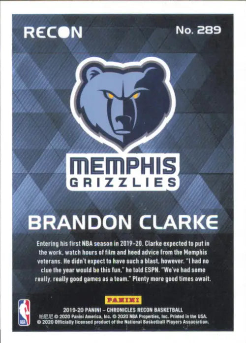 2019-20 Panini Chronicles #289 Brandon Clarke Recon Rookie Grizzlies Card NM-MT