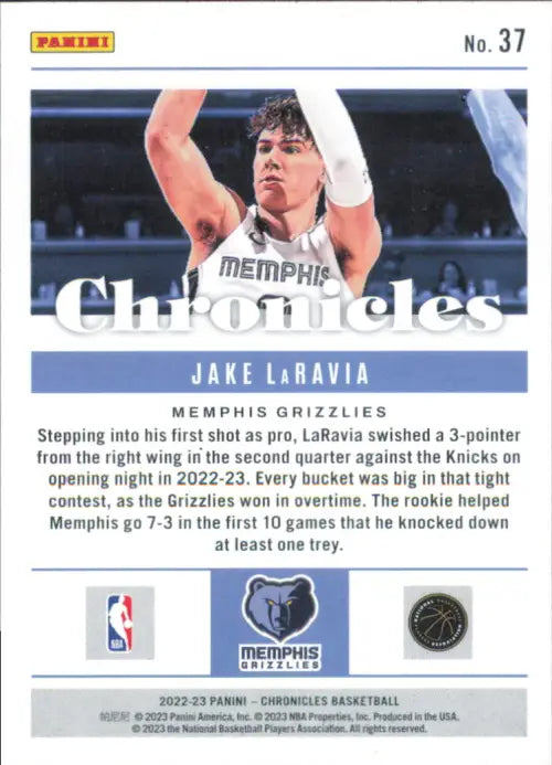 2022-23 Panini Chronicles #37 Jake LaRavia Rookie Memphis Grizzlies Card NM-MT