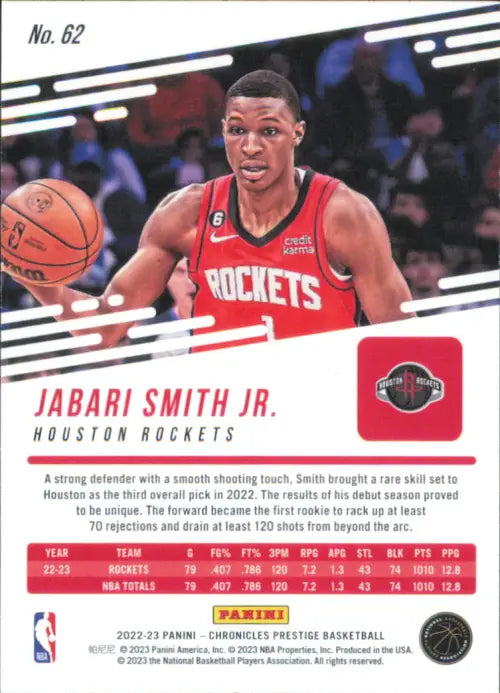 2022-23 Panini Chronicles #62 Jabari Smith Jr Prestige Rookie Rockets Card NM-MT